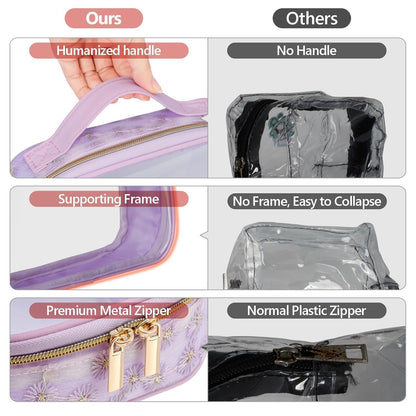 PACKISM Floral Texture TSA Approved Toiletry Bag - 180° Large Opening Clear Makeup Bags with Handle, Easily Access, Clear Travel Bags for Toiletries TSA Approved, Thick 0.5 mm, Purple
