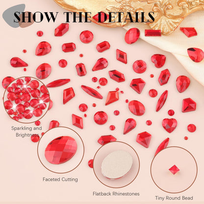 2680Pcs Red Glass Nail Rhinestones 120Pcs Multi Shapes Flatback Nail Gems + 2560Pcs 1.5-4mm Round Crystal, Manicure Nail Charms Diamond Gemstones for Acrylic Nails Decoration