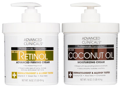 Advanced Clinicals Unscented Retinol Body Lotion & Face Moisturizer + Coconut Oil Body Cream For Women & Men | 2PC Skincare Set Helps Reduce Appearance Of Crepey Skin + Irritated Dry Skin, 2pc Set