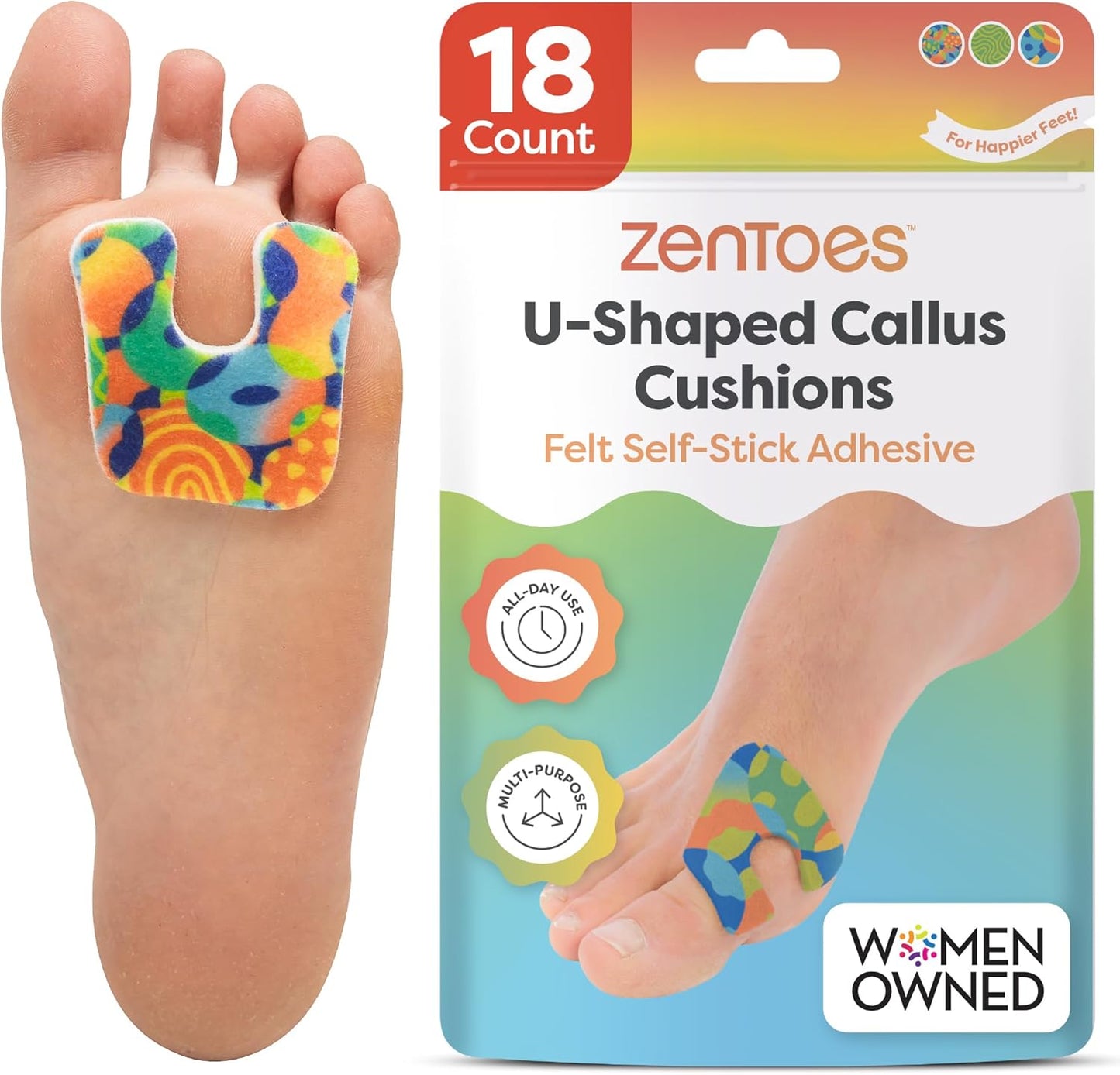 ZenToes Callus Pads | U-Shaped Design Moleskin Blister Pads | Self-Stick Adhesive Felt All Day Comfort Cushions for Calluses and Corns | Reduce Pressure and Friction | 18 Count (Motion Mosaic)