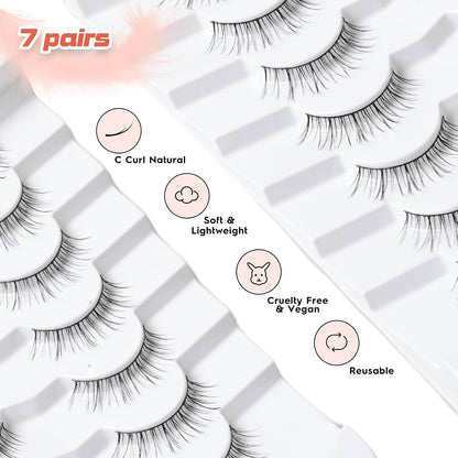 Lashes Short Eyelashes 10MM Natural Lashes Wispy Thin Band Strip Lashes Short Eyelashes Natural Look 3D Volume Lashes 7 Pair Fake Lashes Siligli