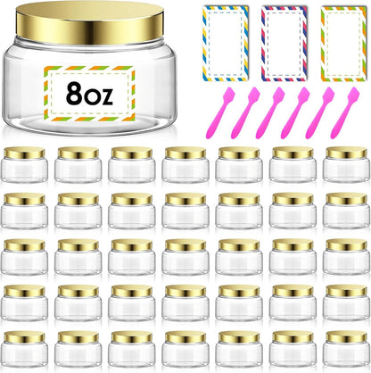 36 Pack 8 oz Plastic Cosmetic Containers With Lids Refillable Clear Empty Travle Jars Containers for Body Butter,Sugar Scrubs,Cream,Lotions,Candy, Waterproof Label&Spatulas - (Gold)