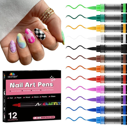 EBANKU Nail Art Pens Beauty Gift Set, 12 Colors Quick Drying Soft-Tip Nail Polish Pens 3D Acrylic Paint Nail Pens for Nail Art Color-fast Nail Point Dotting Liner Pen Sets for Home & Salon Nail DIY