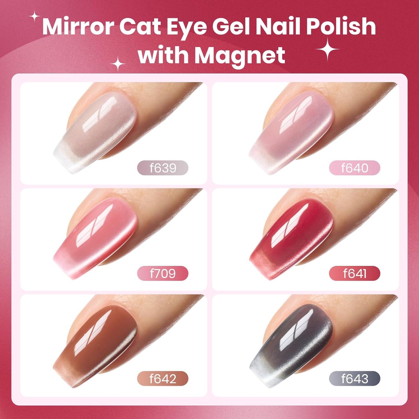 Beetles Cat Eye Gel Nail Polish Set - Porcelain Glow Cat Eye Gel Polish, 6 Colors Silver Red Brown Black Pink Magnetic Glitter Fall Gel Polish Kit Jelly Translucent Effect Soak Off UV Gift for Women