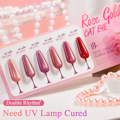 Double Rhythm Cat Eye Gel Nail Polish Set of 6 Same Color Same Bottle 0.5 Oz Shimmer Glitter with Magnet Holographic Reflective Magnetic UV Nail Polish Kit at Home (Golden Rose Pink-T6-60)