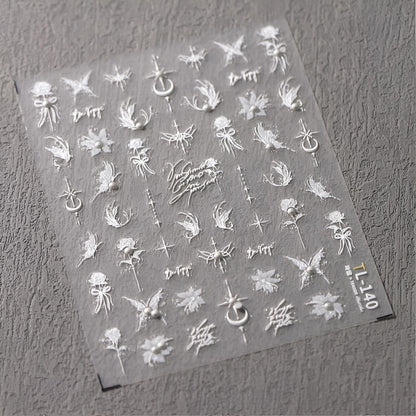 5D Embossed White Butterfly Flower Nail Stickers for Nail Art White Moon Star Nail Art Stickers White Nail Decals with Pearl Design Spring Summer Nail Supplies for Women Girls