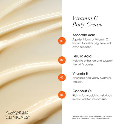 Advanced Clinicals Vitamin C Cream Visibly Brightening Body Lotion | Vitamin C Moisturizer Skin Care Body Cream For Women & Men Helps Visibly Improve Look Of Dark Spots & Uneven Skin Tone, 16 Ounce