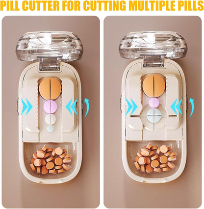 Pill Cutter for Cutting Multiple, 1/2 1/4 Pill Splitter for Large, Small and Tiny Pills, Portable Pills Cutter,Storage Organizer, Accurate Centering Alignment Device (White)