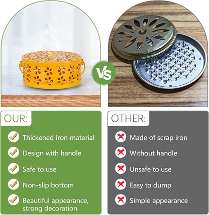 Portable Iron Mosquito Coil Holder with Handle Round Heat-Resistant Incense Holder (2 Pack Yellow)
