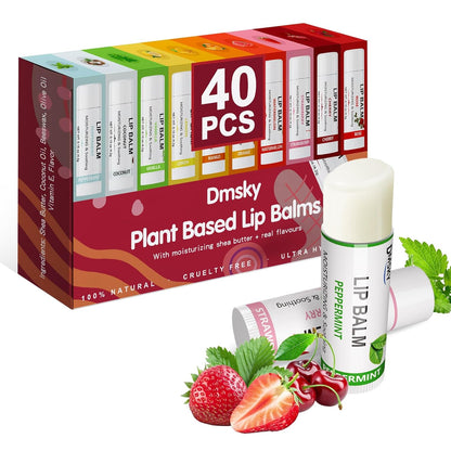 40 Pack Lip Balm Bulk, Fruit Lip Balm Variety Pack, Natural Moisturizing Balms for Dry Cracked Lips, Hydrating for Men Women Kids - 10 Flavors