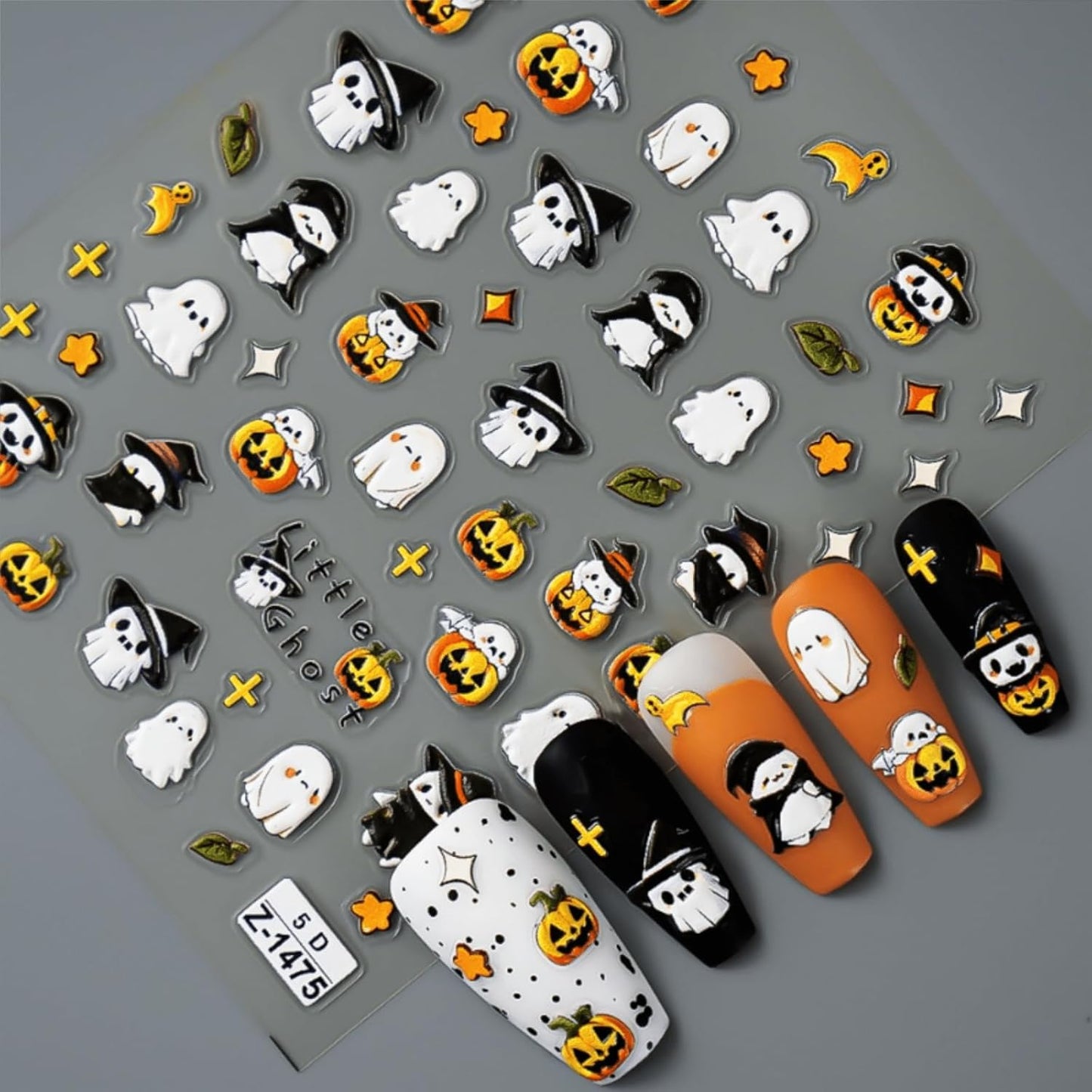 Embossed 5D Halloween Nail Stickers - Cute Ghost & Pumpkin Designs, Self-Adhesive Halloween Nail Decals for Women & Girls 2 Sheets