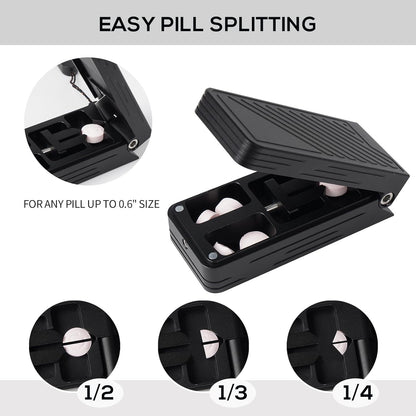 Pill Cutter for Small and Tiny Pills, Professional Aluminum Pill Splitter with Auto Centering Device and 2 Replaceable Stainless Steel Blades, Portable Pill Splitter with PU Case (Black)