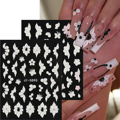 5D Embossed White Flowers Nail Stickers, 5 Sheets Self-Adhesive Floral Nail Decals, Spring Rose Butterfly Nail Art, 3D Acrylic Flowers for Manicure Decor