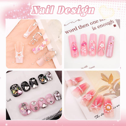 Metal Nail Beads (Silver+Gold), 3D Flowers With Rhinestones, Glue Gel for Art, Half Flatback Pearls (White), Blossom Pearl Charms and Round Caviar Beads for Manicure Decor