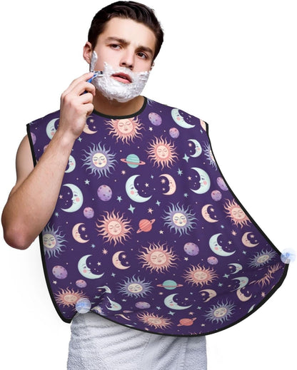 Beard Bib with 3 Suction Cups, Non-Stick Waterproof Hair Catcher Apron, Men's Shaving Essential for Grooming, Purple Galaxy Night Star Sky Trippy Sun and Moon Shave Bib