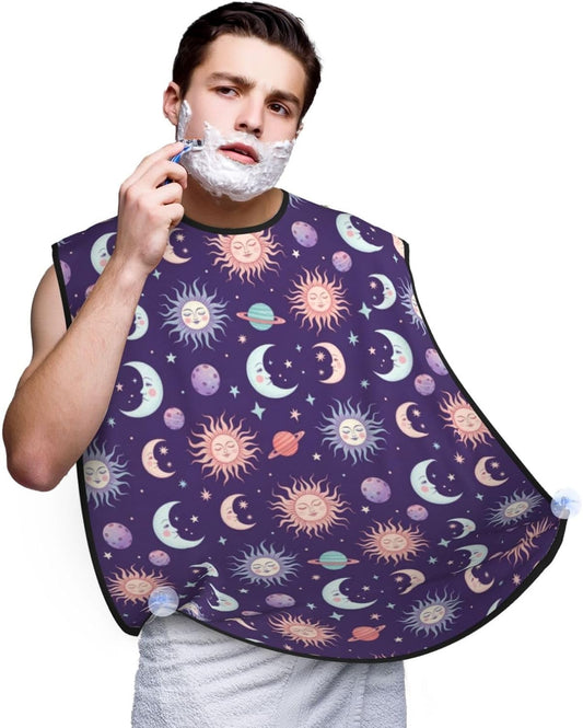 Beard Bib with 3 Suction Cups, Non-Stick Waterproof Hair Catcher Apron, Men's Shaving Essential for Grooming, Purple Galaxy Night Star Sky Trippy Sun and Moon Shave Bib