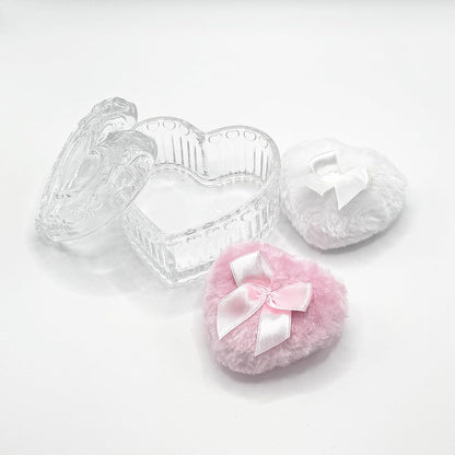Body Powder Puff and Container - Glass Heart Dusting Powder Container with 2 Soft Puffs – Vintage Powder Puff Case for Women & Girls-GRB007-Transparent