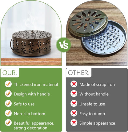 Portable Iron Mosquito Coil Holder with Handle Round Heat-Resistant Incense Holder (Bronze)