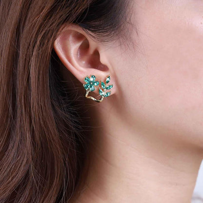 Vintage Emerald Flower Ear Cuff Earrings Green Crystal Flower Earrings Crystal Leaf Stud Earrings Emerald Leaf Earrings Jewelry for Women
