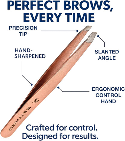 Slant Tip Precision Tweezers - Stainless Steel Eyebrow Tweezers for Women & Men - Precision Tweezers for Facial Hair, Ingrown Hair & Brow Shaping - Professional Beauty Tool (Rose Gold)