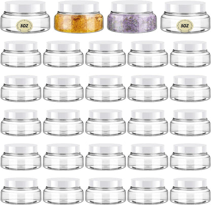 Tessco 24 Pack Plastic Jars with Lids Labels Empty Clear Plastic Jars Round Refillable Cosmetic Containers Body Butter Containers Bulk Sugar Scrub Bottle for Make Up(5 oz,White)