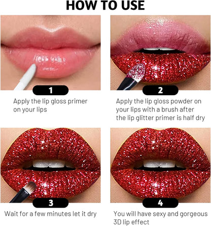 3 Colors Glitter Lip Kit, Diamond and Glitter Metallic Lip Powder with Lip Primer, Waterproof Long Lasting & Smudge Proof, Shimmer Sparkly Glitter Lip Cosmetic without Sticky Flake Off Set A