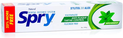 Spry Natural Xylitol Toothpaste 5oz for Adults and Kids - Fluoride Free, Gentle for Sensitive Teeth Whitening and Remineralizing, Breath Freshening, Mouth Moisturizing, Spearmint (Pack of 1)