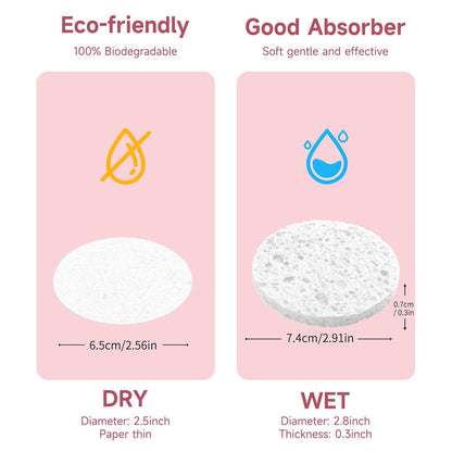 100 Count Compressed Facial Sponges 100% Natural Cellulose Eco-Friendly Makeup Sponges for Gentle Cleansing, Exfoliating & Stubborn Makeup Removal Travel for Women (Round white)
