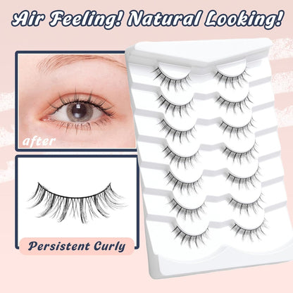 Manga Lashes Natural False Eyelashes 10MM Short Anime Lashes Thin Band Korean Lashes 3D Volume Strip Lashes Wispy Manhua Eyelashes 7 Pair Asian Lashes Siligli