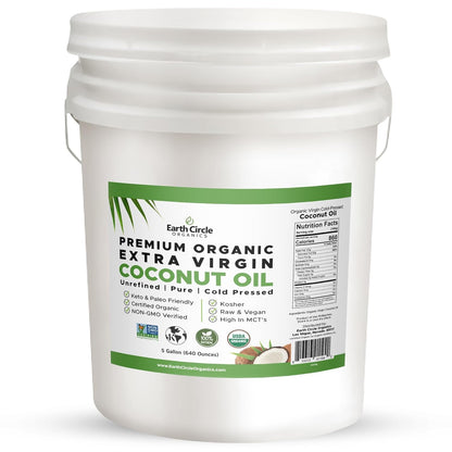 Earth Circle Organics Premium Ultra-Pure UNREFINED Cold Pressed Organic Extra Virgin Coconut Oil - Gluten-Free, Keto & Paleo Friendly - Pure Oil for Skin & Hair Care, Cooking, Baking & More - 5 Gallon