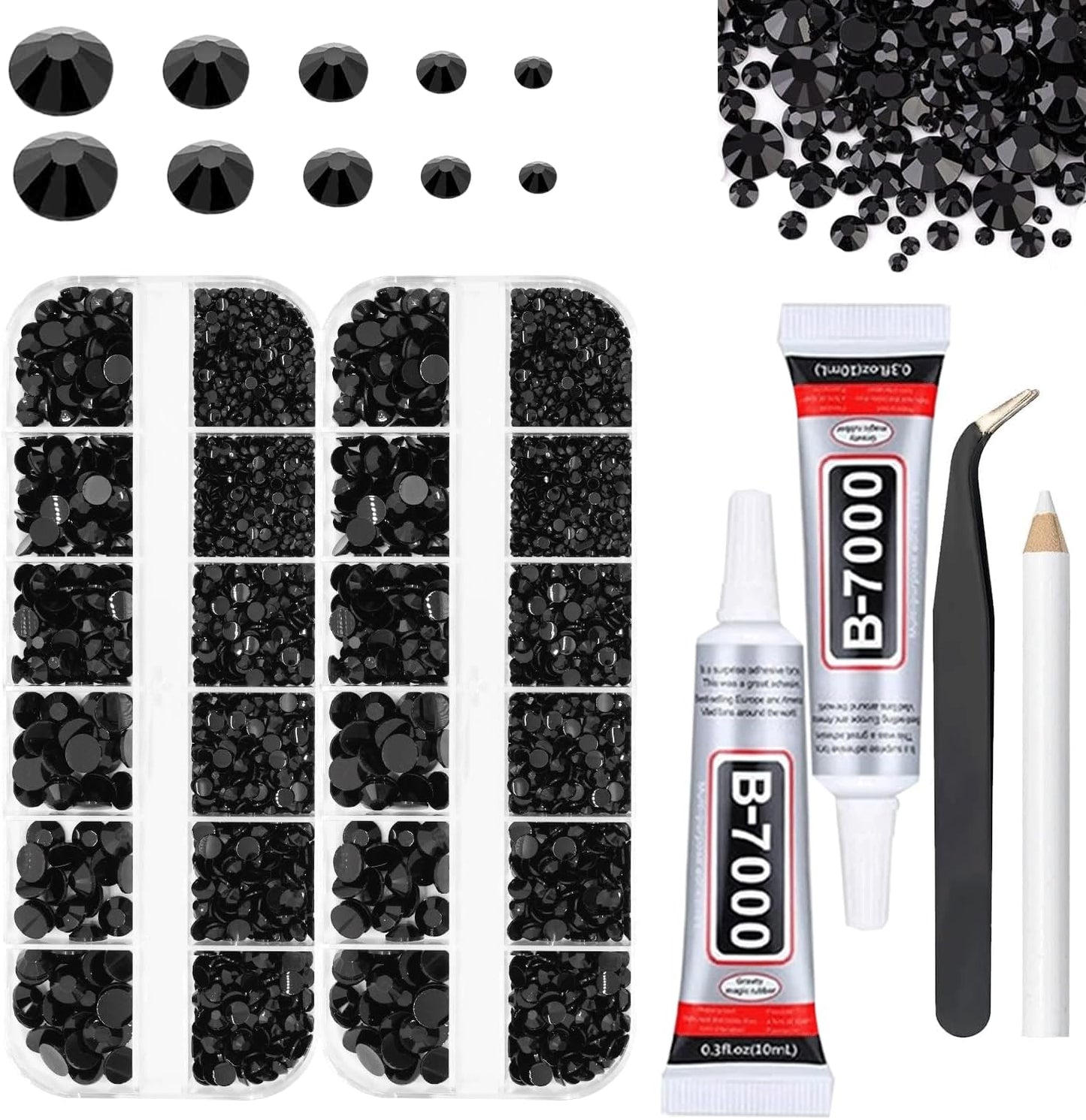 Black Rhinestones for Bedazzling with B7000 Glue, 2mm 3mm 4mm 5mm 6mm (SS8-SS30) Non-Hotfix Flatback Black Diamonds Kit, Nail Crystals Gems Beads for Bedazzling Crafts,DIY Art, Makeup Decoration
