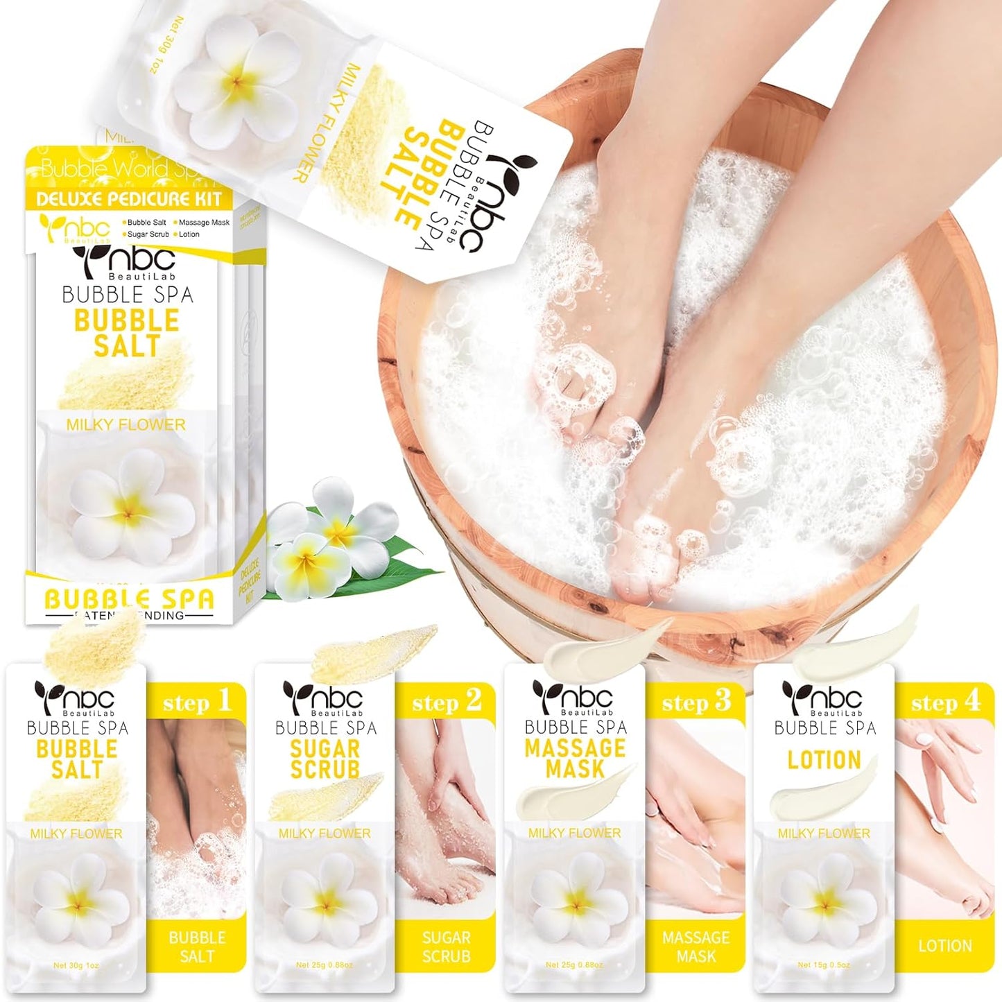 Pedicure Kit Foot Soak Set: Bubble Salt, Sugar Scrub, Massage Mask, Massage Lotion in a Box, 4 Step Foot Spa Kit for Dry Feet, Calluses and Tired Feet(1 Set Milky Flower)