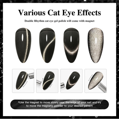 Double Rhythm 0.5 OZ Cat Eye Gel Polish with Magnet 15ML Holographic Glitter Shimmer Translucent Jelly Color Magnetic Polish Salon DIY at Home (Black-MC1047)