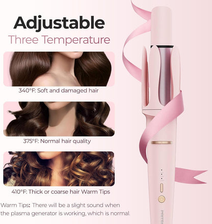 Automatic Curling Iron 1 1/4 Inch, Rotating Ionic Hair Curler Wand with 3 Temperatures, Anti-Scald, Auto Shut-Off Spin Iron for Hair Styling, Pink