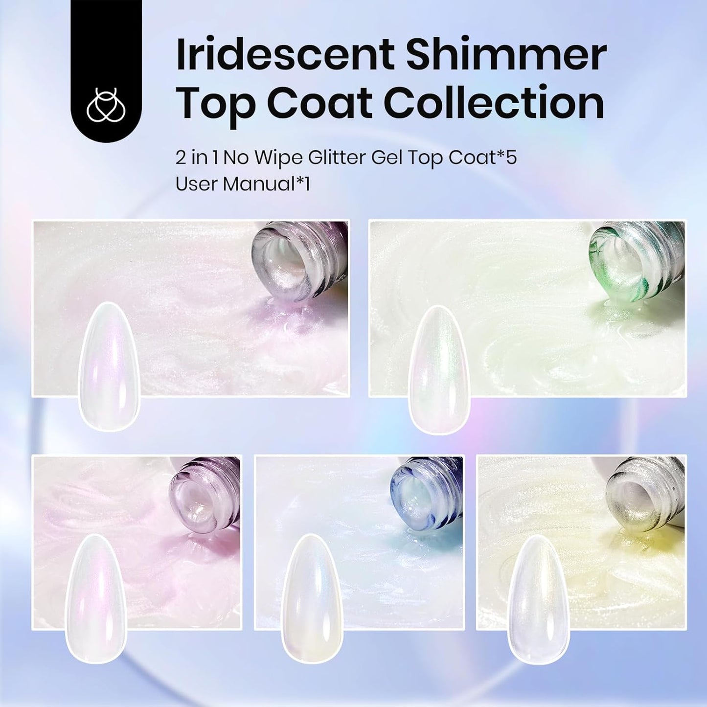 Beetles Pearl Glitter Top Coat Set, 5 Colors Iridescent Pastel Shimmer Mermaid Glossy Top Coat Gel Polish Shiny Long-Lasting No Wipe Soak Off UV LED Nail Art Gifts for Women