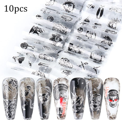 Black Skull Design Nail Foils Halloween Nail Transfer Foil Gothic Skull Nail Art Stickers Decals with Horror Pirate Skeleton Vampire Bone Butterfly Slider Wrap Design Nail Art Decoration Supplies