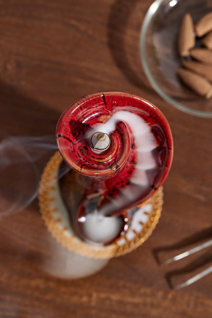 Unique Cloud Stairs Ceramic Waterfall Incense Holder, Paired with a Pack of Backflow Incense Cones. (Fambe Red)