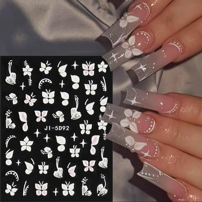 5D Embossed White Flowers Nail Stickers, 5 Sheets Self-Adhesive Floral Nail Decals, Spring Rose Butterfly Nail Art, 3D Acrylic Flowers for Manicure Decor
