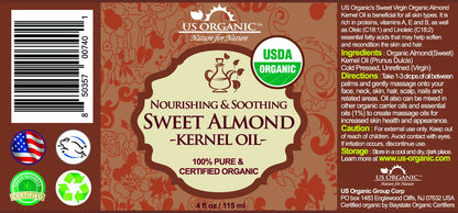 US Organic Sweet Almond Kernel Oil, USDA Certified Organic,100% Pure & Natural, Cold Pressed Virgin, Unrefined in Amber Glass Bottle w/Eyedropper, Sourced from Poland (4 oz (115 ml))