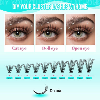 Lash Clusters 200pcs, Eyelash Extension Kit 30D D Curl Diy Cluster Eyelashes Extensions Lash Bond and Remover Waterproof Lash Applicator Tools for 8-18mm Mix Lashes Beginner Self Use