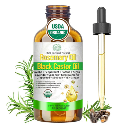 Rosemary Oil for Hair Growth with Castor, Organic Cold Pressed Blend Hair Oil Natural Scalp Care - Soothes Itchy Scalp, Repairs Dry Hair & Nourishes Roots for All Hair Types - 4 Fl Oz