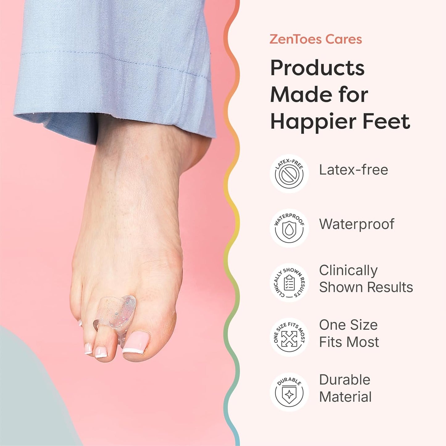 ZenToes Gel Toe Separators for Overlapping Toes, Bunions, Big Toe Alignment, Corrector and Spacer - 4 Pack (Glitter)