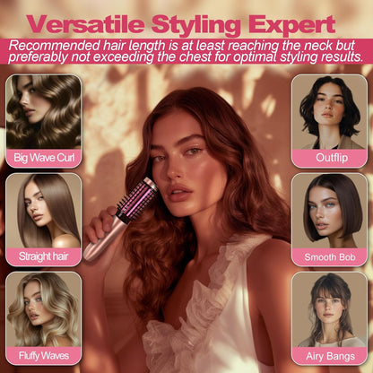 Cordless Hair Curling Iron Brush, Mini Travel Hot Straightener Comb, 3-in-1 Portable Wave Curling Wand, 1.5″ Ionic Heated Brush, USB Rechargeable Hair Curler, Pink – No Automatic Rotation