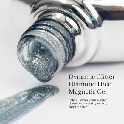 Cat Eye Gel Nail Polish with Magnet Stick, 15ml Glitter Holographic Nail Polish, Magnetic Effect Gel for Home DIY Manicure Gift, Silver Dust