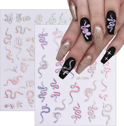 5 Sheets Aurora Silver Snake Nail Art Stickers 3D Self-Adhesive Laser Nail Decals Stars Sun Moon Line Holographic Designs Nail Stickers for Women Girls DIY Manicure Supplies