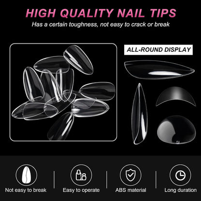 1000PCS Short Almond Nail Tips - Acrylic Nails Tips, ToouYoun 10 Sizes Soft Gel Full Cover Nail Tips with Box for Nail Art Salons and Home DIY