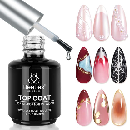 Beetles Halloween Gel Top Coat for Chrome Nail Powder: 15ml Mirror Shiny Chrome No Wipe Gloss Top coat Long Lasting Soak Off Nail Lamp for Nail Art Creation