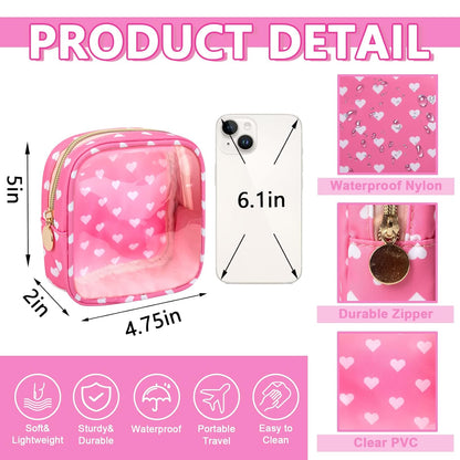 Clear Mini Makeup Bag for Purse, Small Nylon&PVC Cosmetic Travel Bag TSA Approved Toiletry Bag with Zipper, Preppy Transparent Makeup Travel Bag Coin Purse for Women Men Girls(Mini-Pink Heart)