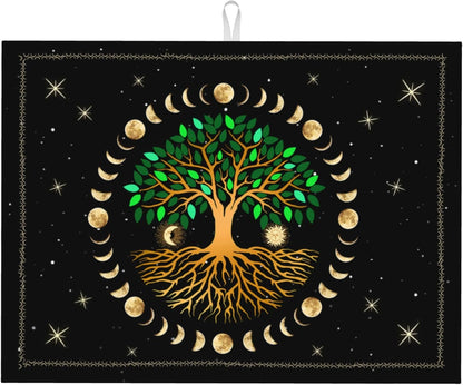 Black Microfiber Dish Drying Mat for Kitchen Counter 18"x24" Ancient Life Tree Decorative Dishes Pad Dish Drainer Rack Mats Absorbent Washable Reusable Moon Luna Hippy Decor