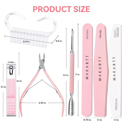 Makartt Nail File and Buffer Set, Pink Basic Prep Kit with Cuticle Clipper, Trimmer, Pusher, Brush, Manicure Care Kit for Natural and Acrylic Nails (7pcs)